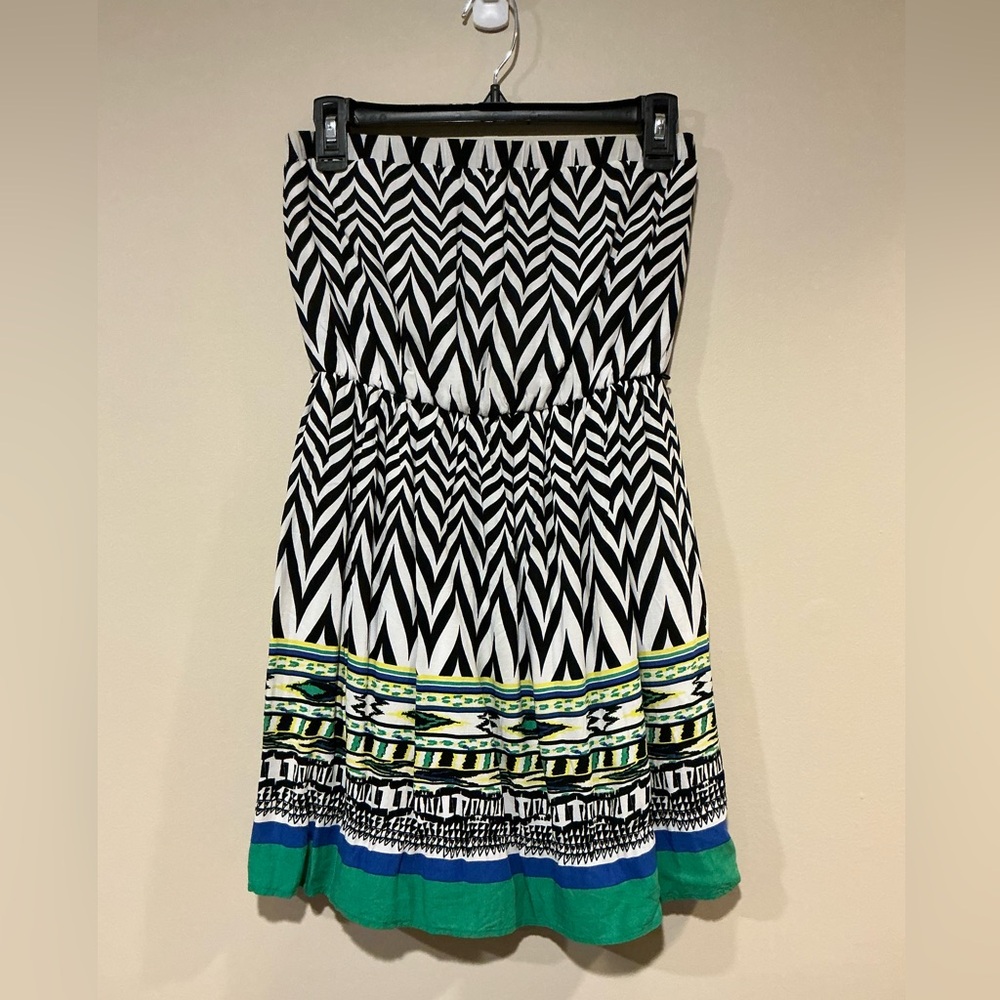 A. Byer Black and White Strapless Dress with Green Accents